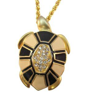 Tan & Black Enamel Rhinestone Turtle Pendant Necklace Made in USA